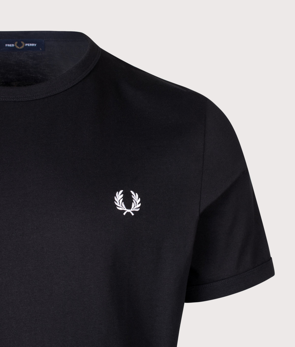 Fred Perry Regular Fit Ringer T-Shirt in Black at EQVVS Menswear. Detail shot.