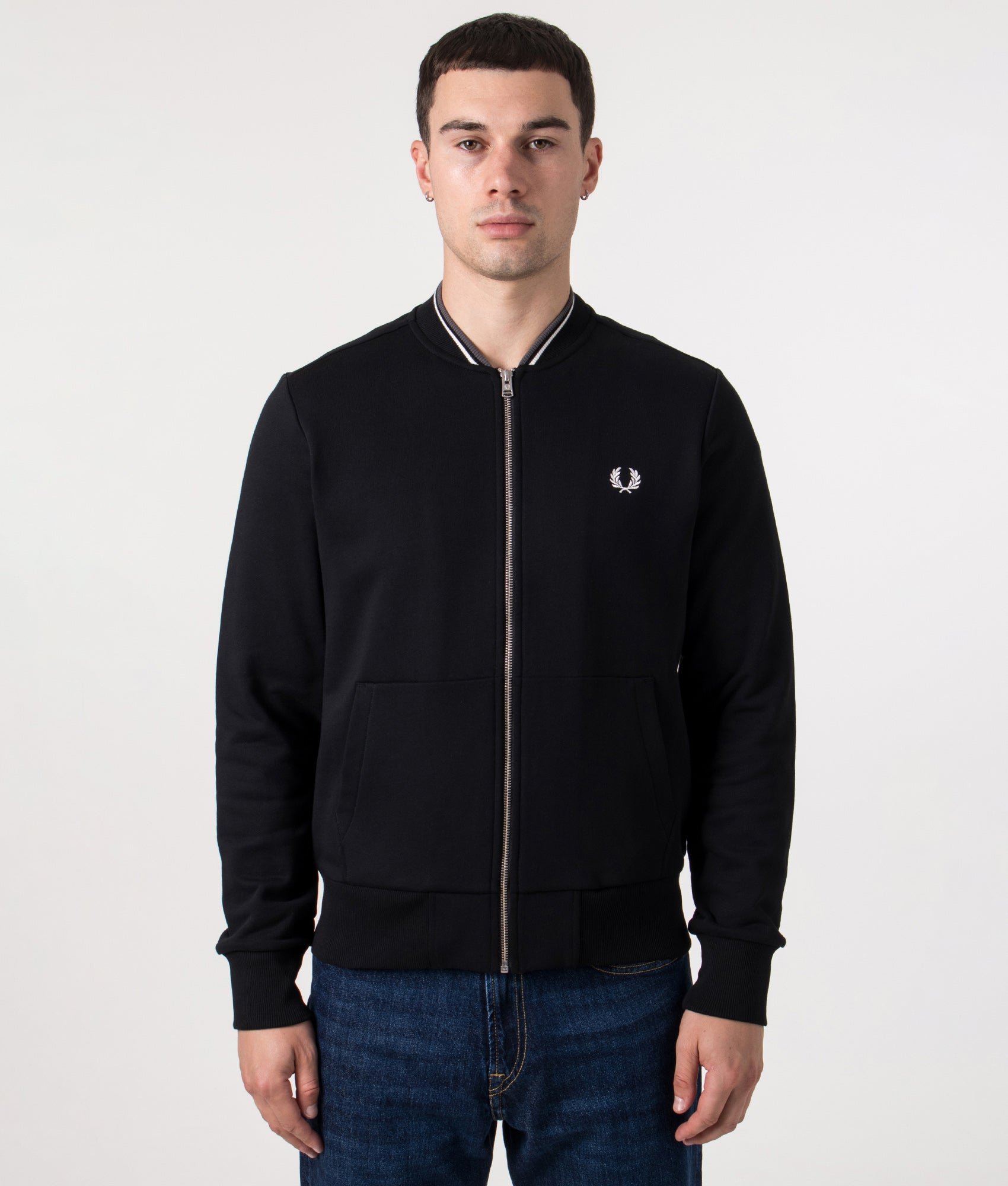 Fred Perry Zip Through Bomber Jacket in Black Front Model Shot EQVVS