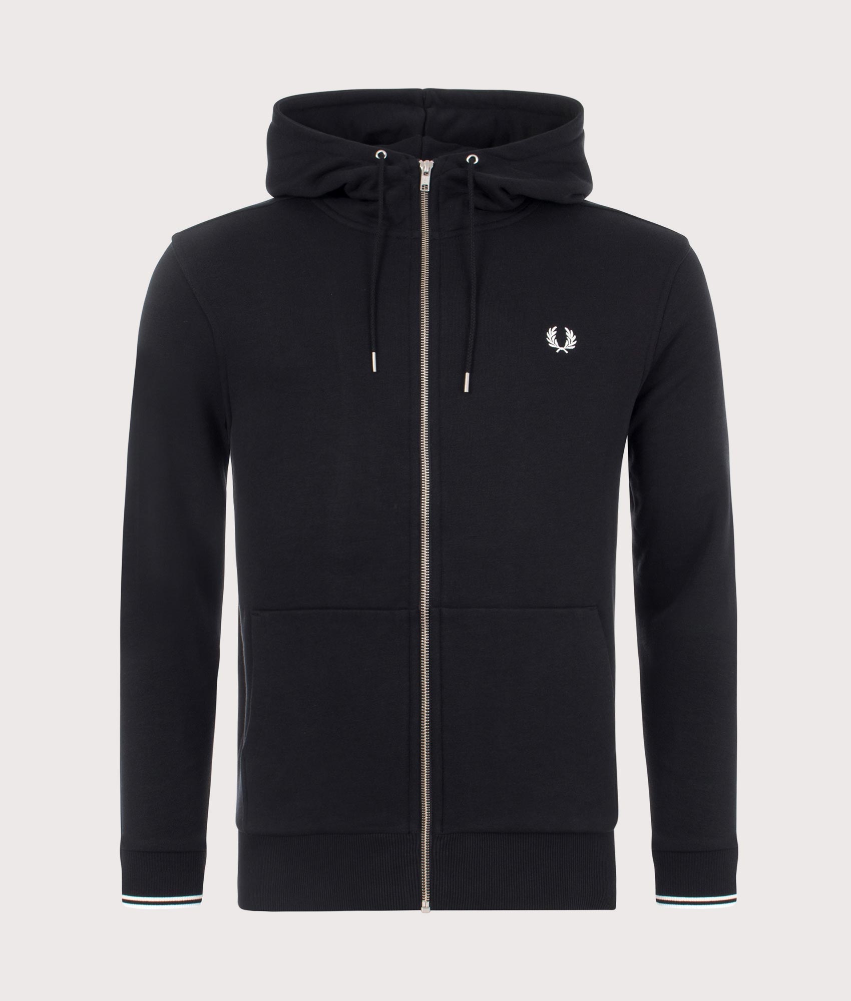 Fred Perry Zip Through Contrast Tipped Hoodie in Core Black at EQVVS Menswear. Front shot.