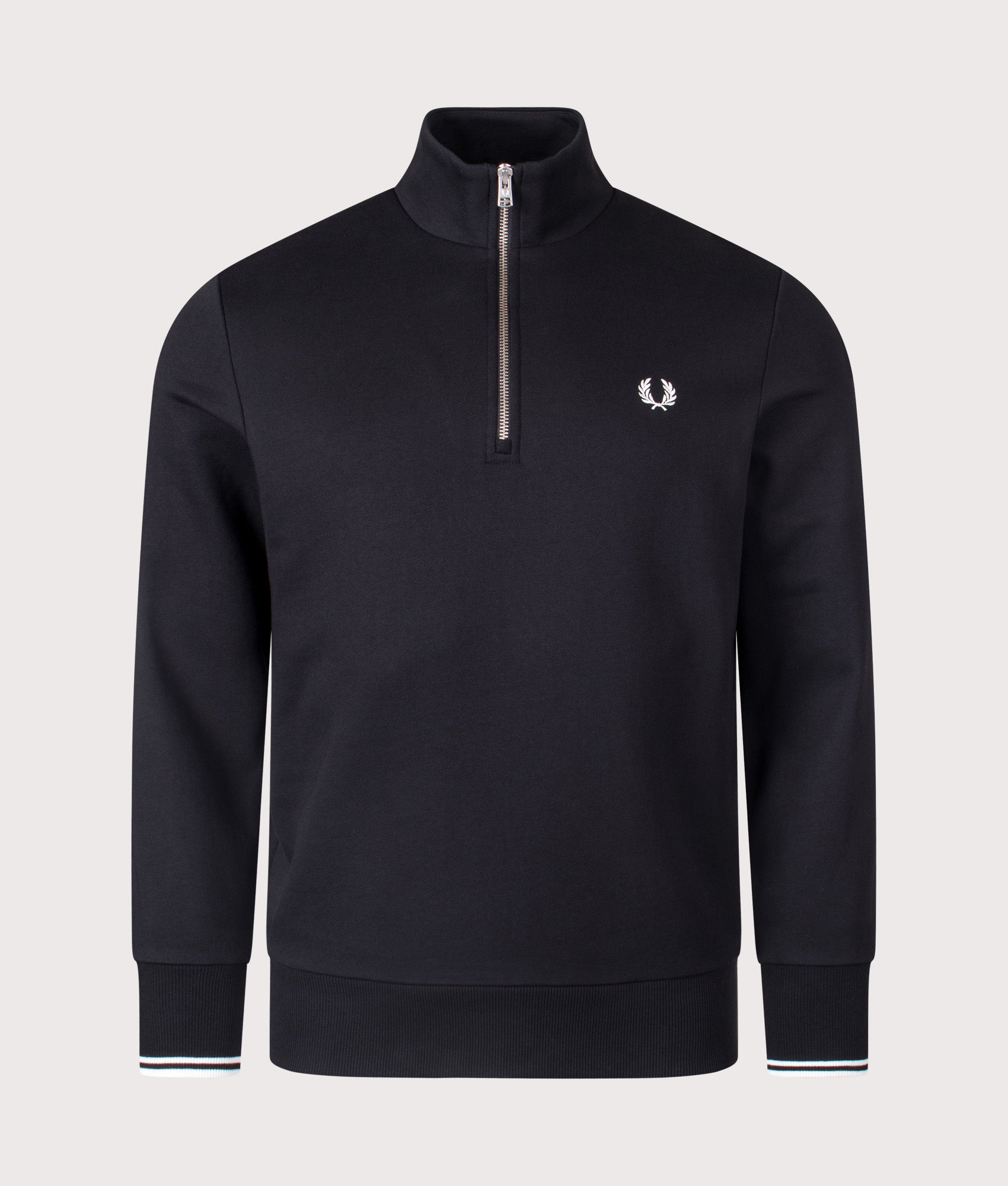 Fred Perry Quarter Zip Sweatshirt in Black at EQVVS Menswear. Front Shot. 