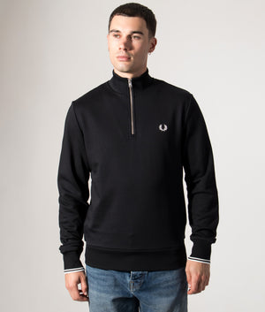 Fred Perry Quarter Zip Sweatshirt in Black at EQVVS Menswear. Model front Shot. 