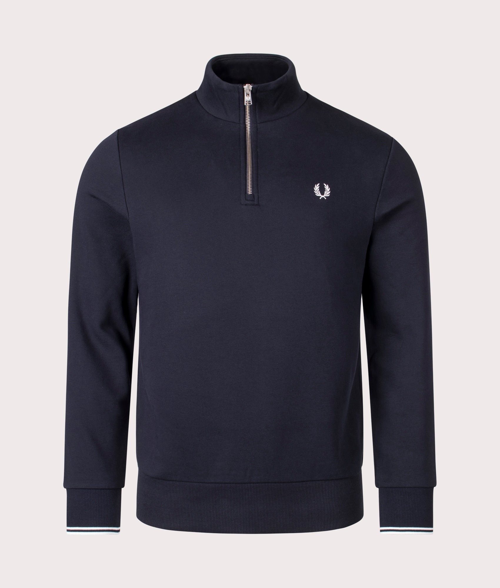 Fred Perry Quarter Zip Sweatshirt in Navy at EQVVS Menswear. Front shot.
