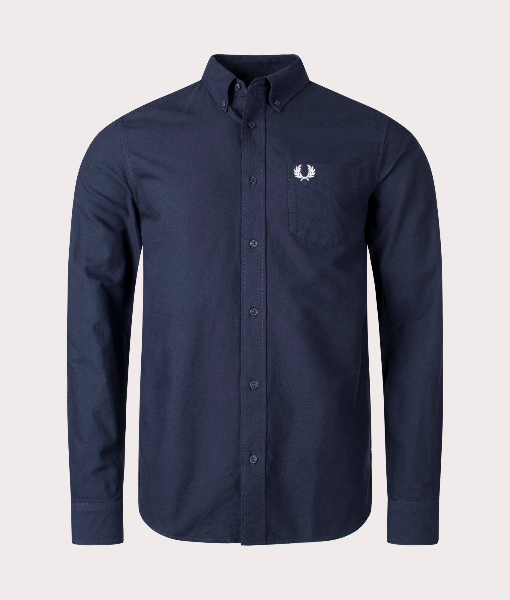 Fred Perry Oxford shirt in Navy at EQVVS Menswear. Front shot.