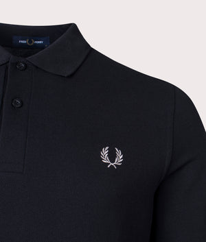 Fred Perry Long Sleeve Fred Perry Tennis Polo Shirt in Black and Chrome Detail Shot at EQVVS