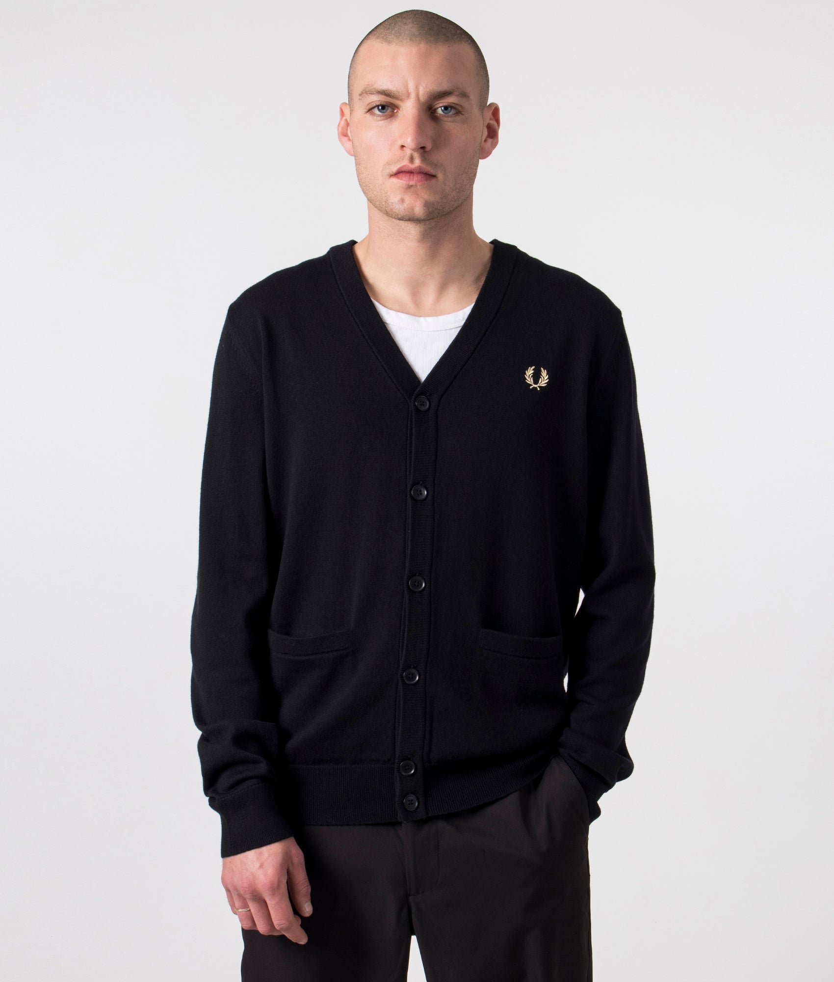 Fred Perry Classic Crew Cardigan in Black at EQVVS Menswear. Model front shot.