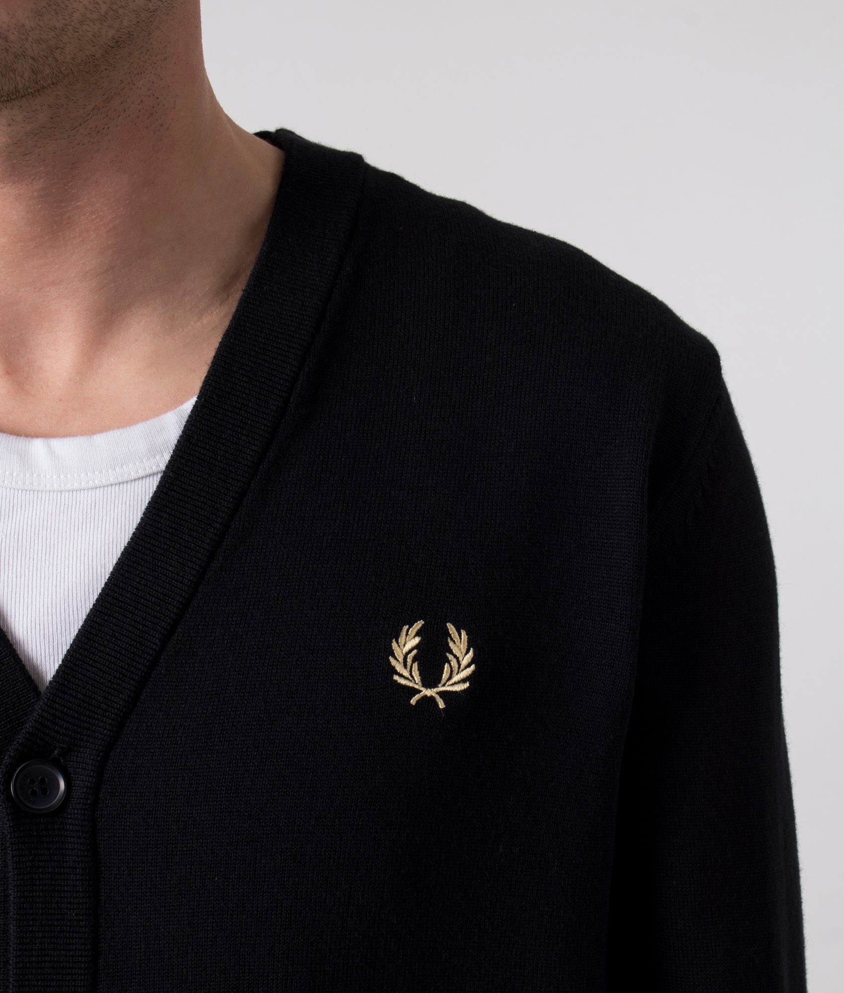 Fred Perry Classic Crew Cardigan in Black at EQVVS Menswear. Detail shot