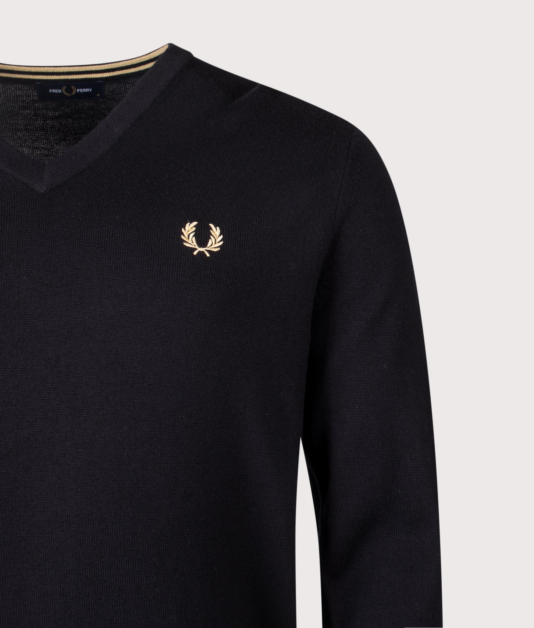Classic V Neck Jumper in Black | 52% Wool, 48% Cotton | Fred Perry | EQVVS | Front detail shot 