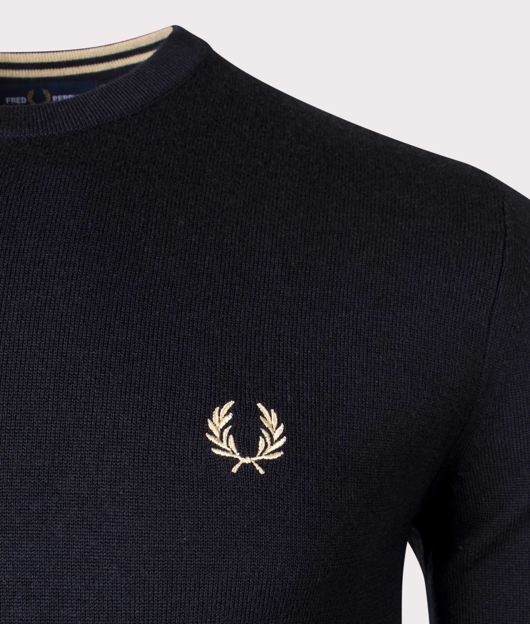 Fred Perry Classic Crew Neck Jumper in Black at EQVVS Menswear. Detail shot.