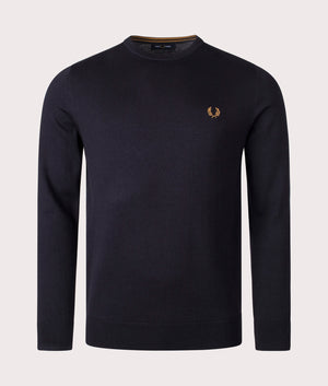 Fred Perry Classic Crew Neck Jumper in Navy, 54% Merino Wool, 46% Cotton at EQVVS. Front Shot. 