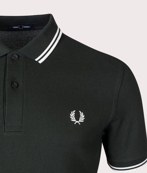 Fred Perry Twin Tipped Fred Perry Polo Shirt in Night Green and White Detail Shot at EQVVS