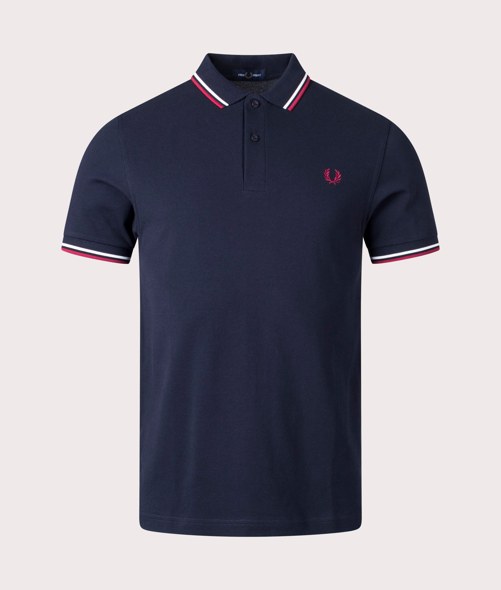 Fred Perry Twin Tipped Fred Perry Polo Shirt Snow in White and Navy Front Shot at EQVVS