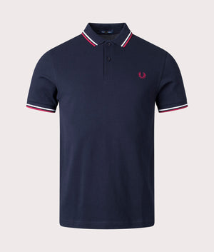 Fred Perry Twin Tipped Fred Perry Polo Shirt Snow in White and Navy Front Shot at EQVVS