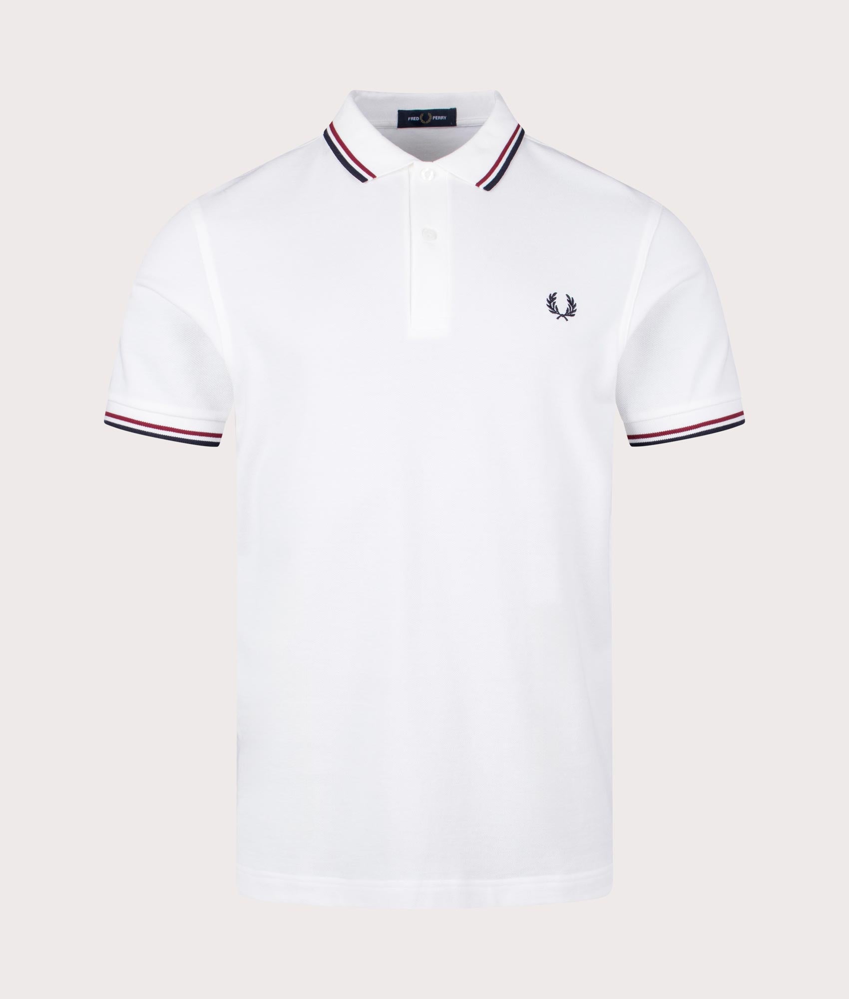 Fred Perry Twin Tipped Fred Perry Polo Shirt in White, Brick Red and Navy Front at EQVVS Menswear. Front shot.