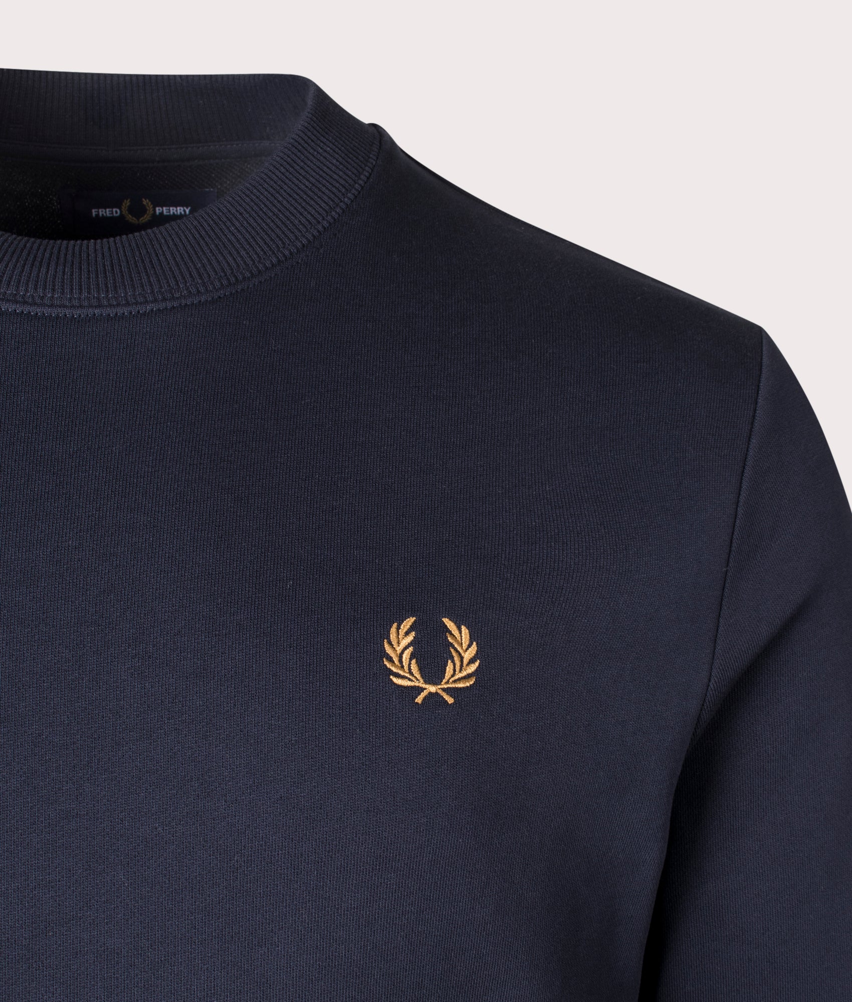Fred Perry Crew Neck Sweatshirt in Navy, 100% cotton. At EQVVS Menswear. Logo shot. 
