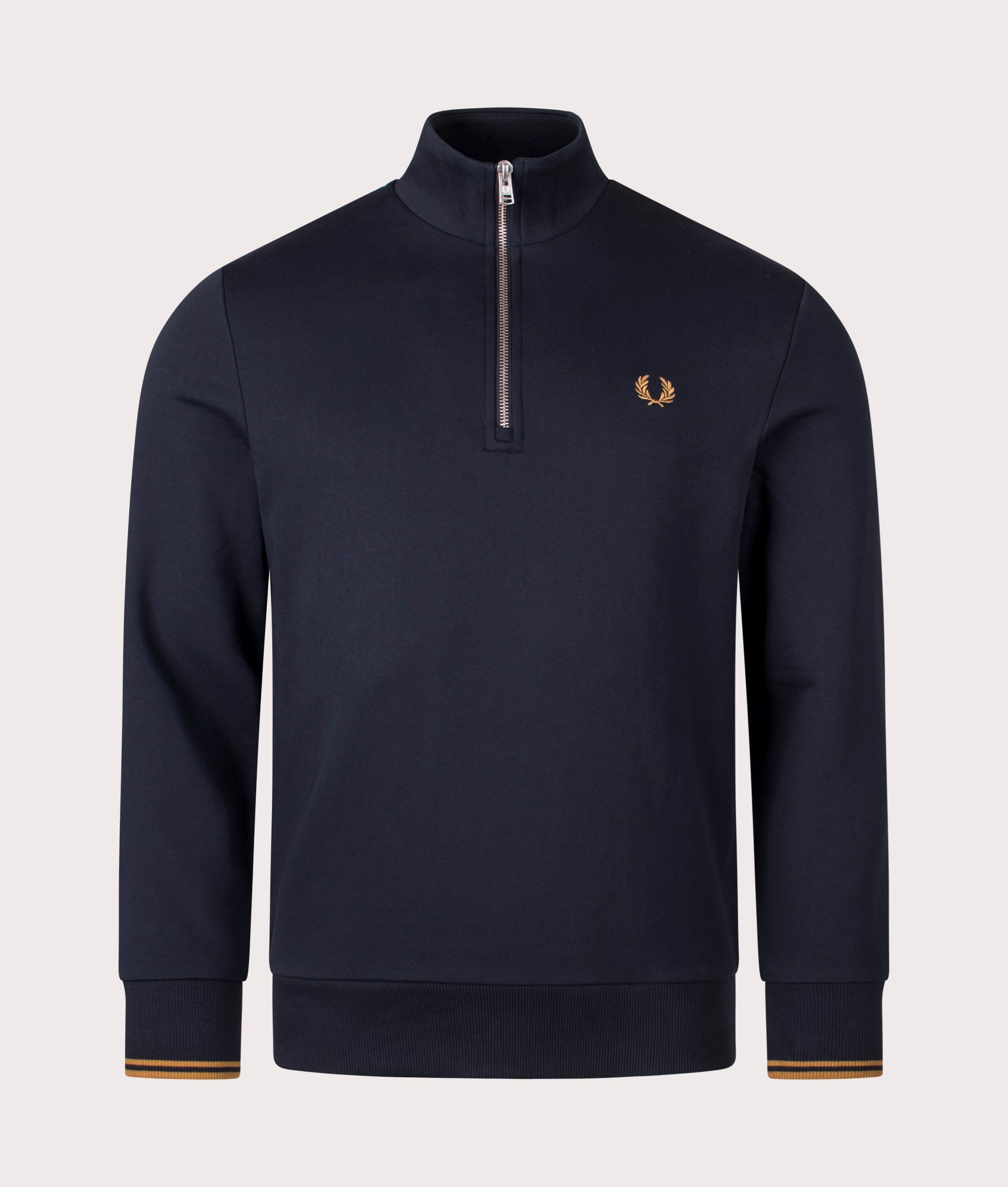 Quarter Zip Sweatshirt in Navy by Fred Perry. EQVVS Shot.