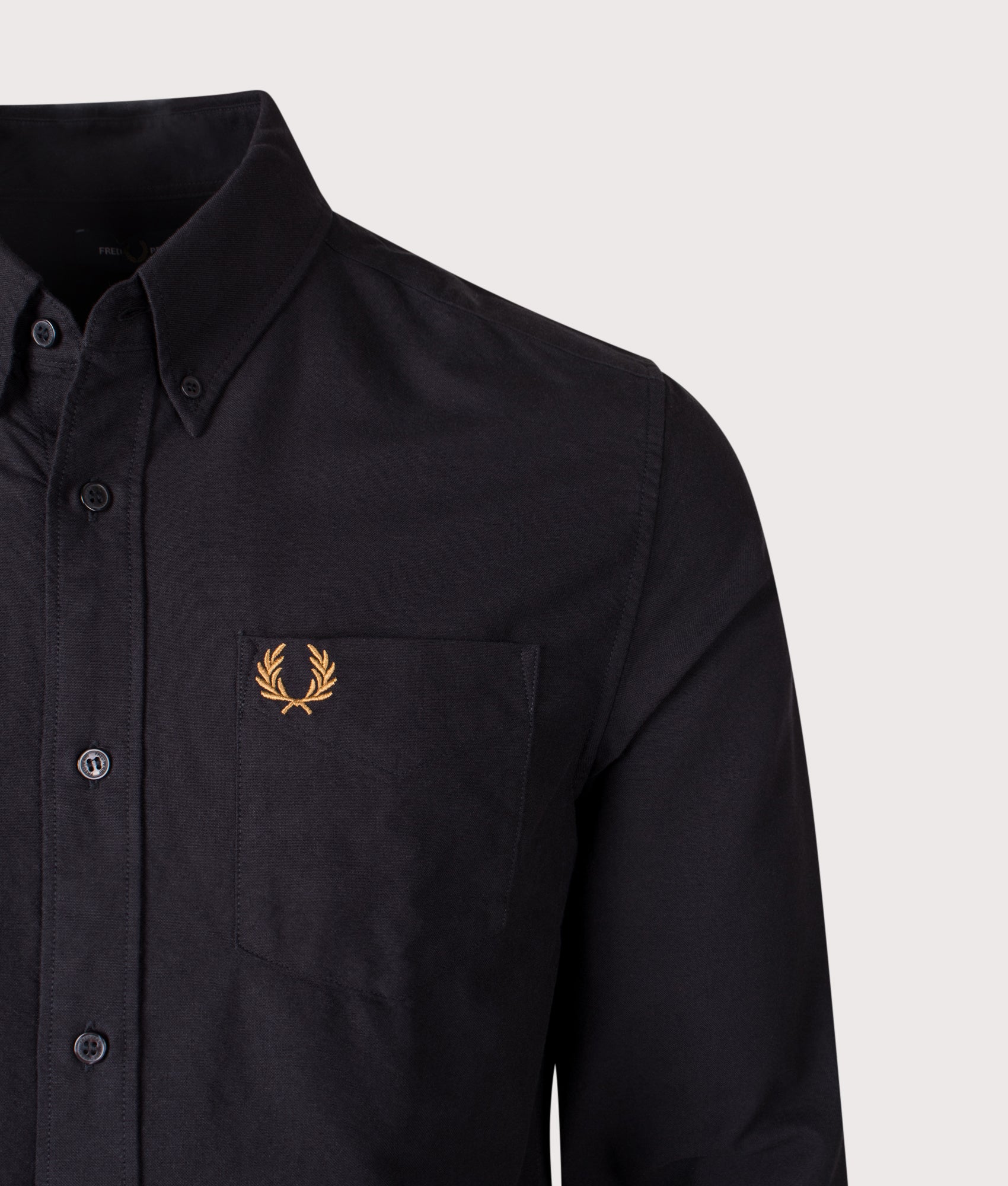 Fred Perry Oxford shirt arrives in Black at EQVVS Menswear. Detail shot.