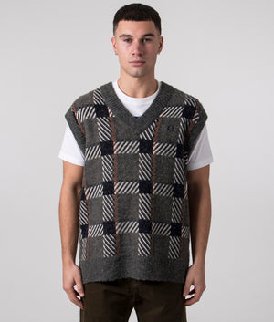Fred Perry Glitch Tartan Knitted Tank Field Green Front Shot