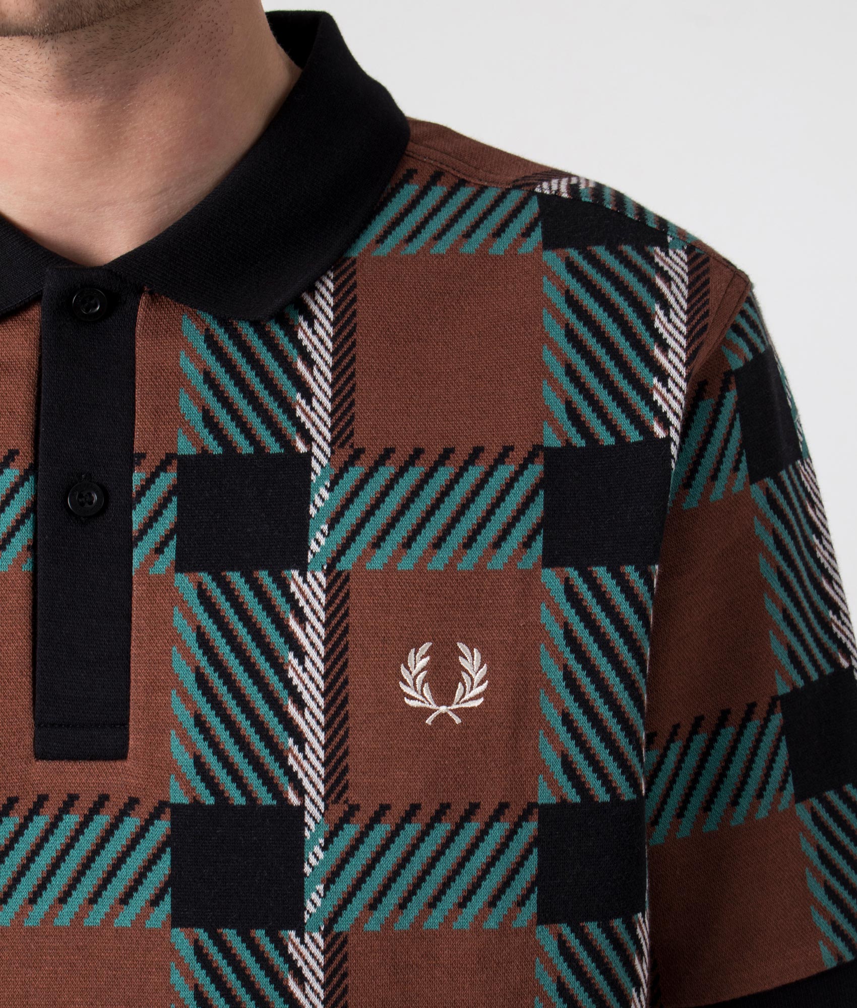 Glitch-Tartan-Polo-Shirt-S54-Whisky-Brown-Fred-Perry-EQVVS-Detail-Image