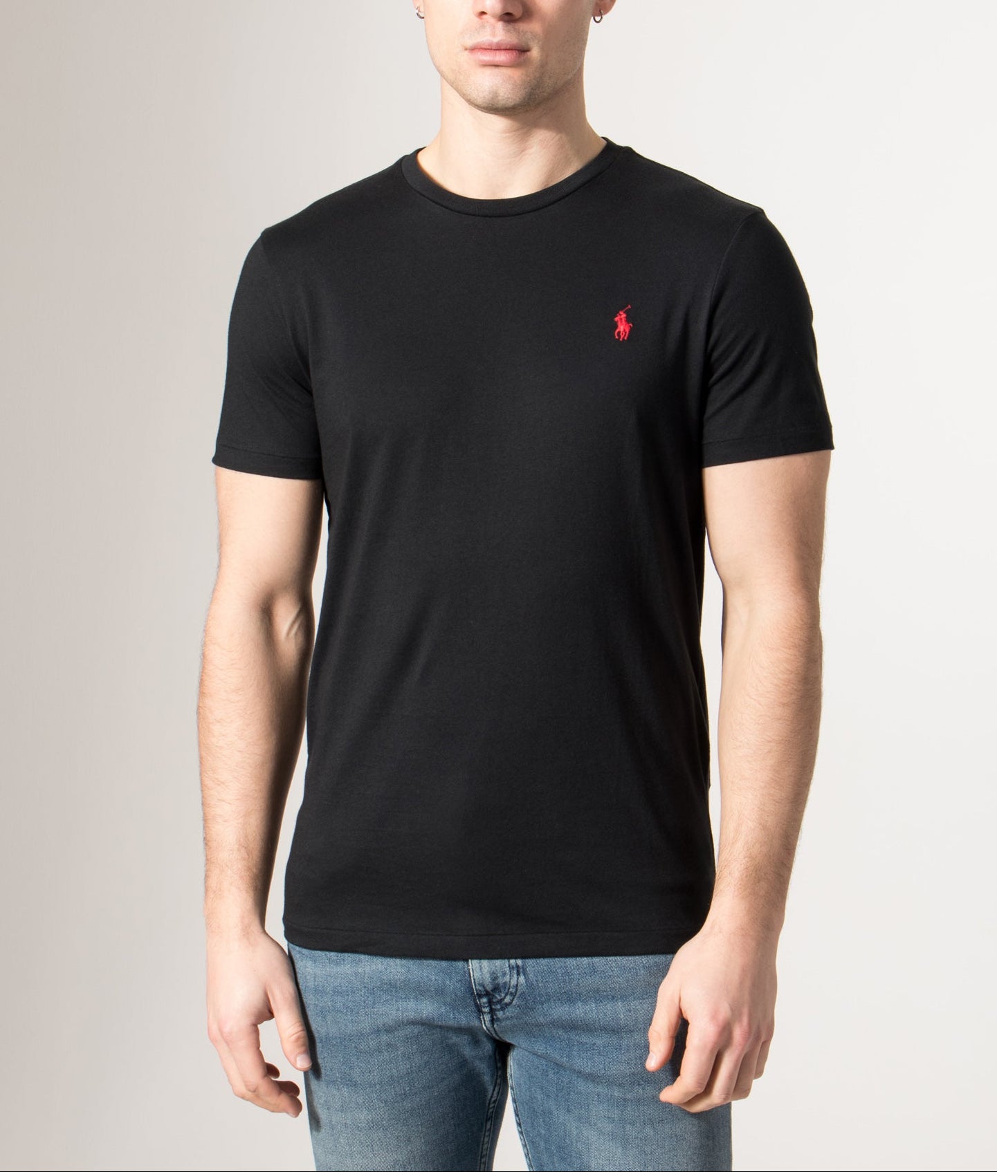 Polo Ralph Lauren Custom Slim Fit T-Shirt in RL Black at EQVVS Menswear. Model front shot.