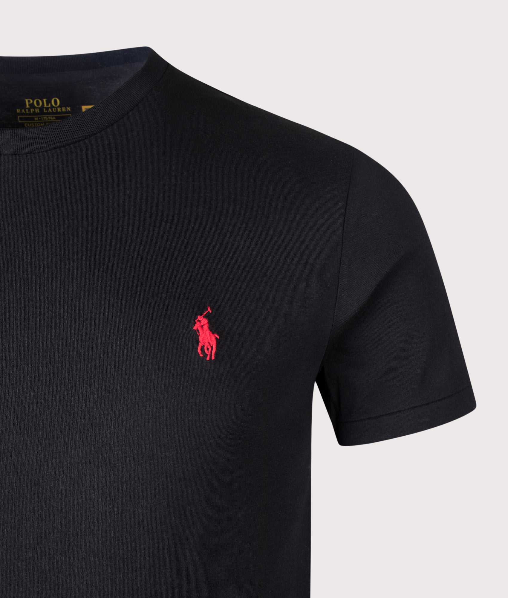 Polo Ralph Lauren Custom Slim Fit T-Shirt in RL Black at EQVVS Menswear. Detail shot.