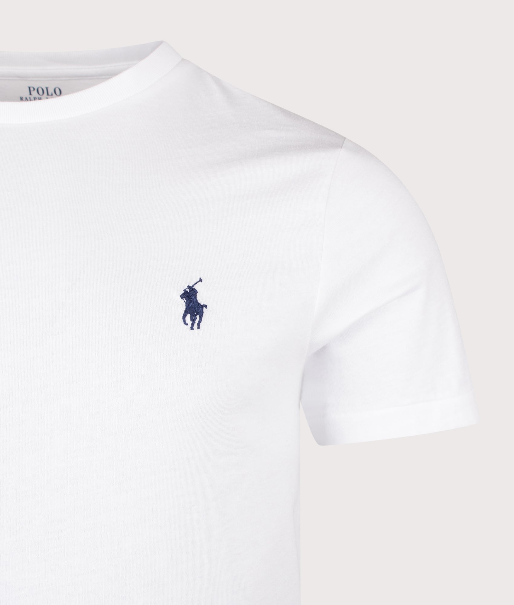 Polo Ralph Lauren Custom Slim Fit T-Shirt in White at EQVVS Menswear. Detail shot.