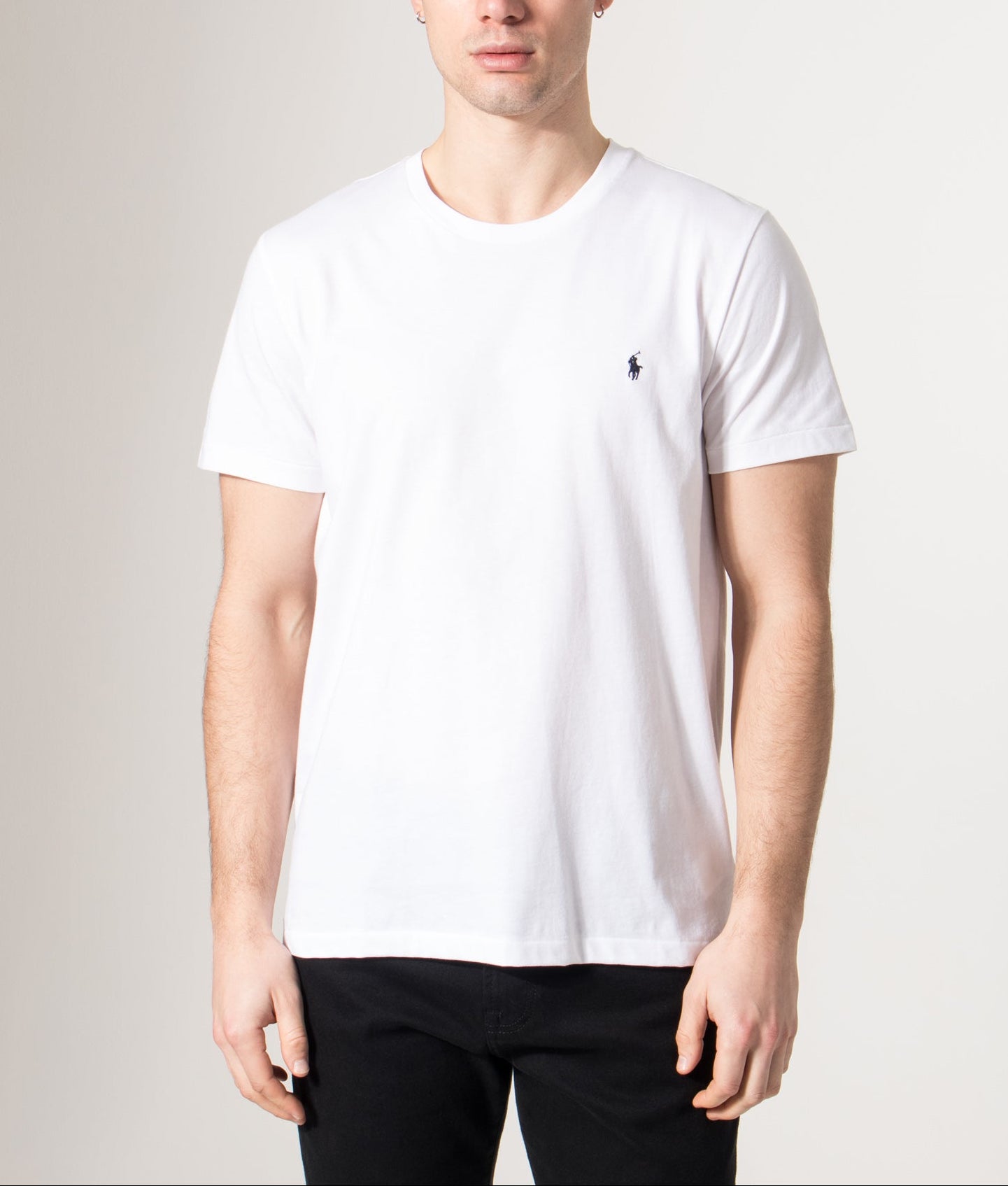 Polo Ralph Lauren Custom Slim Fit T-Shirt in White at EQVVS Menswear. Model front shot.