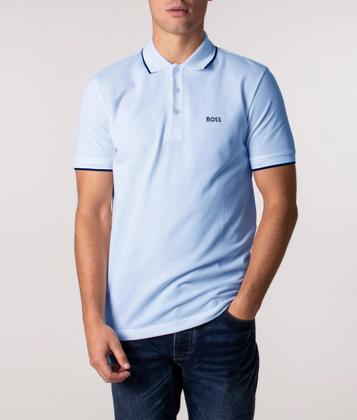 Paddy Polo Shirt Blue - BOSS - EQVVS. Front model shot.