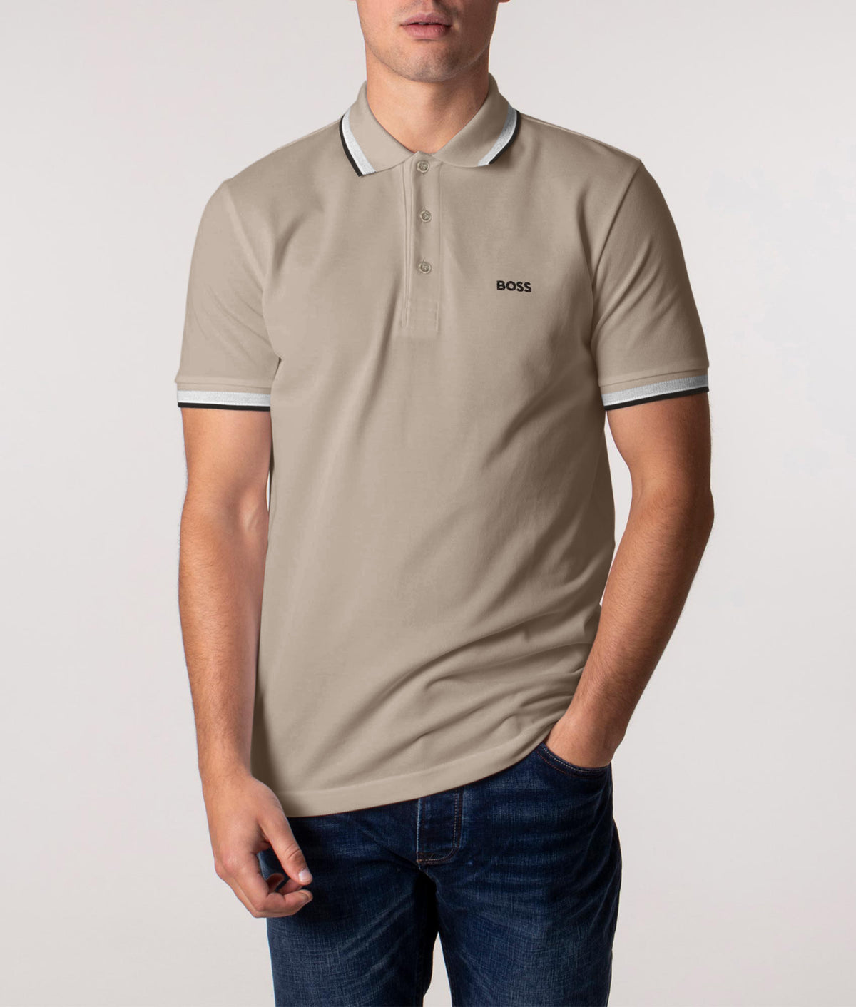 Light Pastel Green BOSS Paddy Polo Shirt. Shot at EQVVS. Front model shot. 