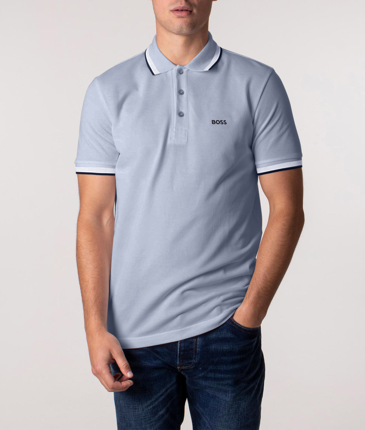 BOSS Regular Fit Paddy Polo Shirt in Open Blue at EQVVS Menswear. Front model shot.