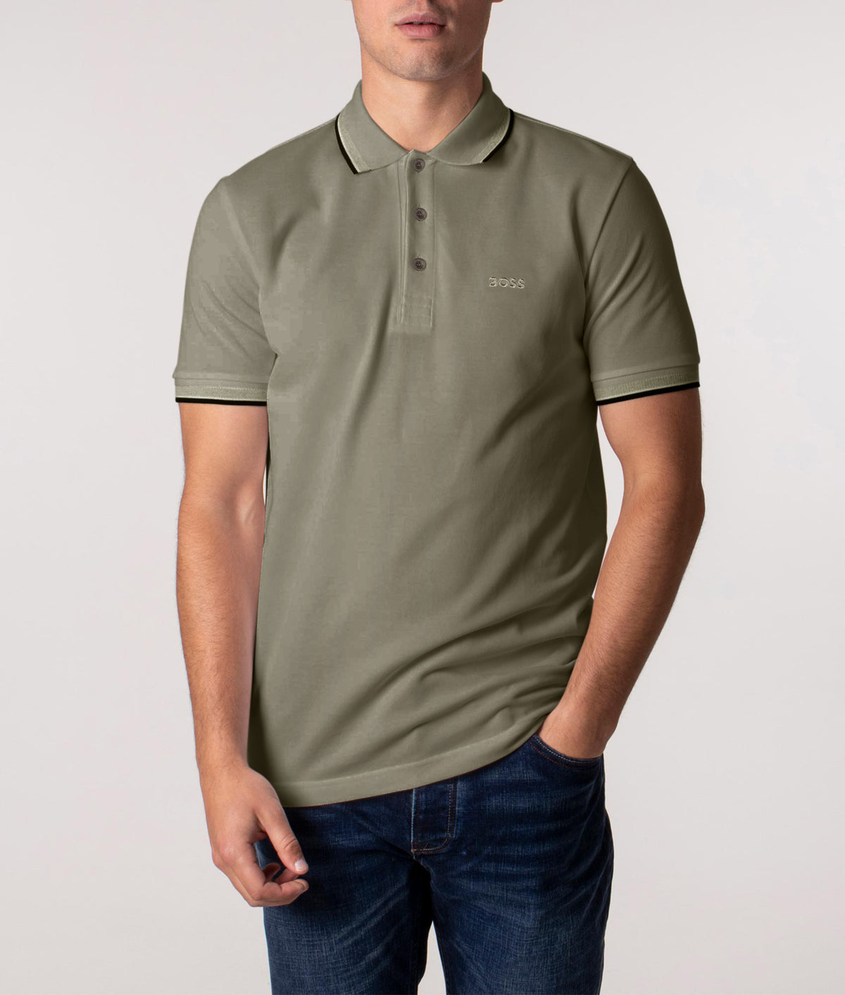 Paddy Polo Shirt in Dark Beige | 100% Cotton | BOSS | EQVVS | Front model shot 