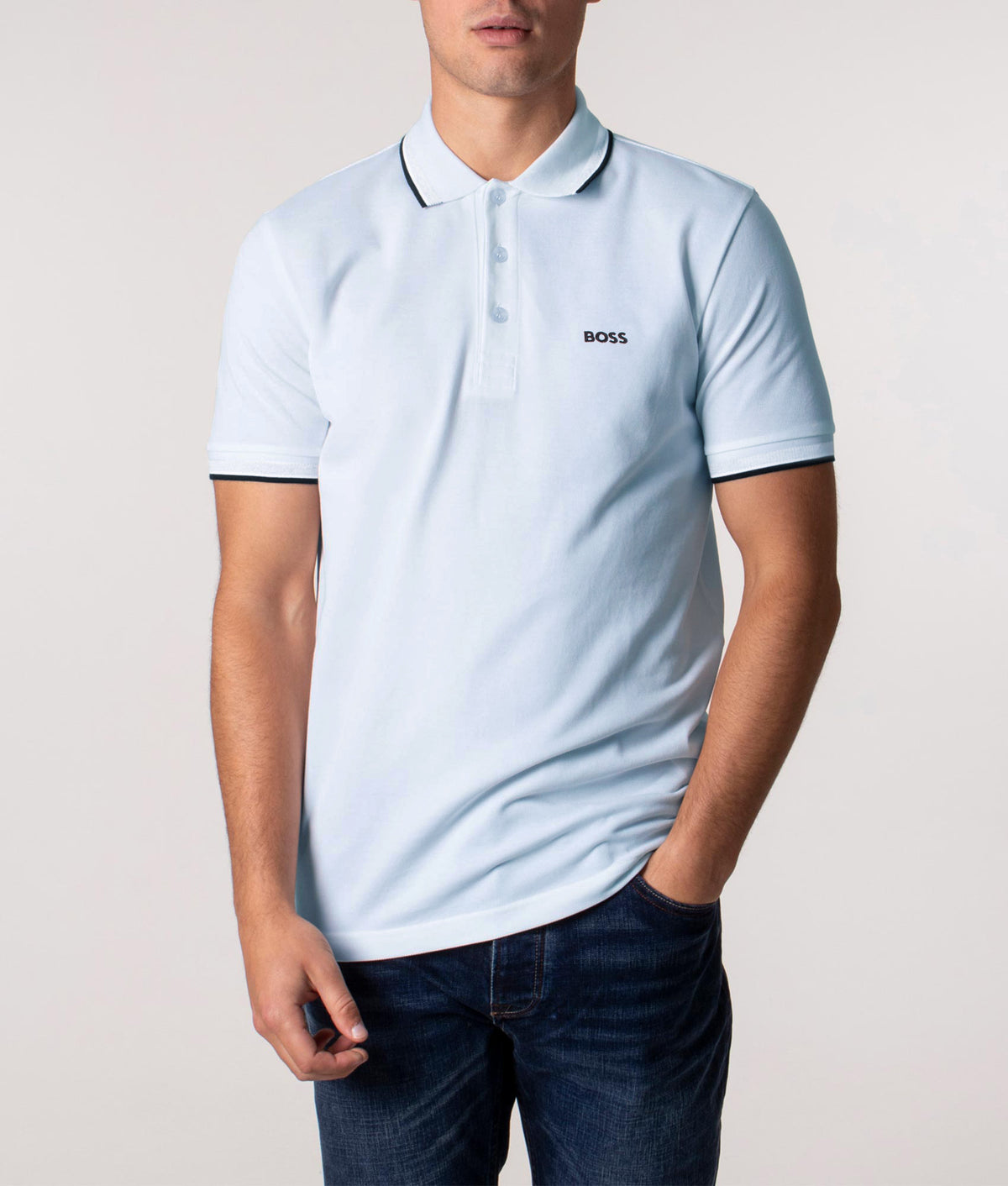 Paddy Polo Shirt in Open Blue by BOSS. Shot by EQVVS. Front model shot.
