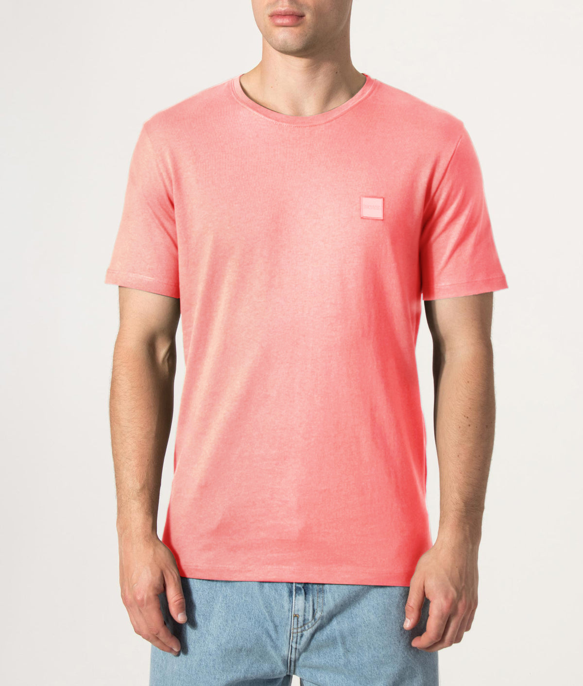 Tales T-Shirt in Light/Pastel Red by BOSS. Shot by EQVVS. Front model shot.