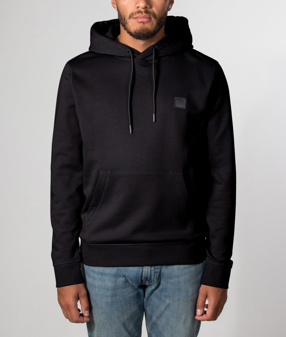 Boss Wetalk Hoodie in Black at EQVVS Menswear. Front model shot.