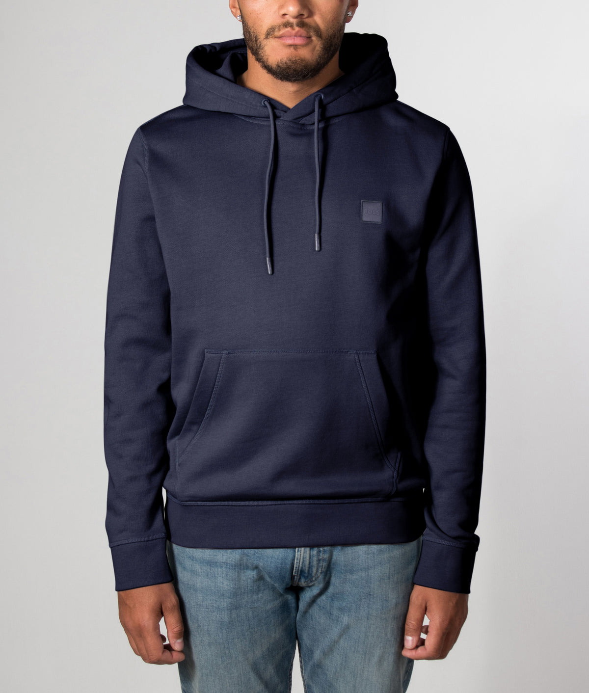 Boss Wetalk Hoodie in Dark Blue at EQVVS Menswear. Front model shot.