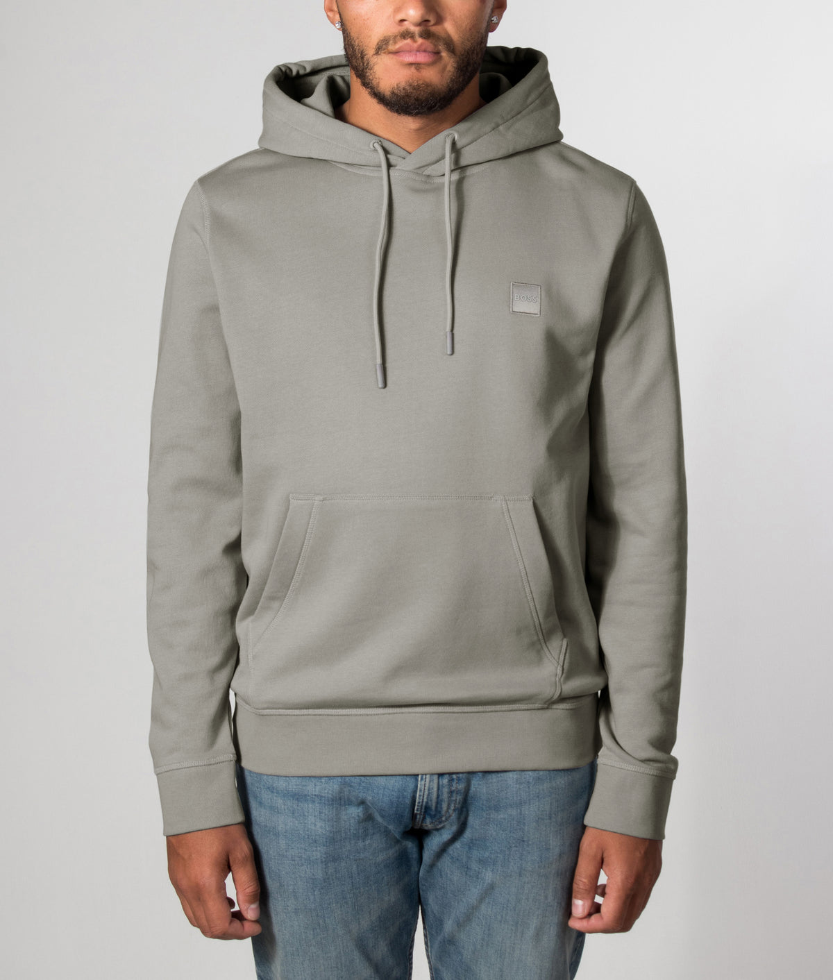 Boss Wetalk Hoodie in Open Grey at EQVVS Menswear. Front model shot.