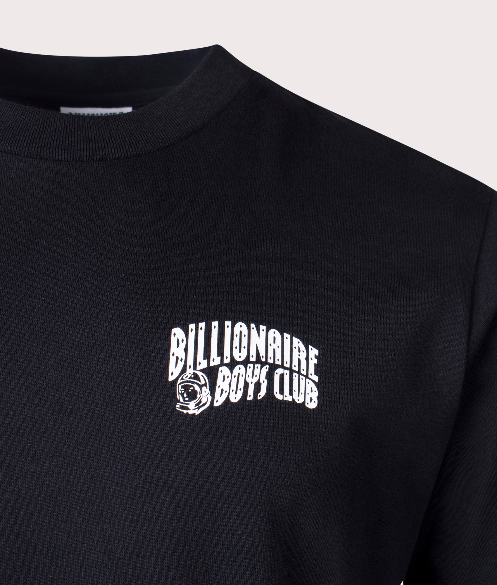 Small Arch Logo T-Shirt in Black at EQVVS Menswear. Detail shot.