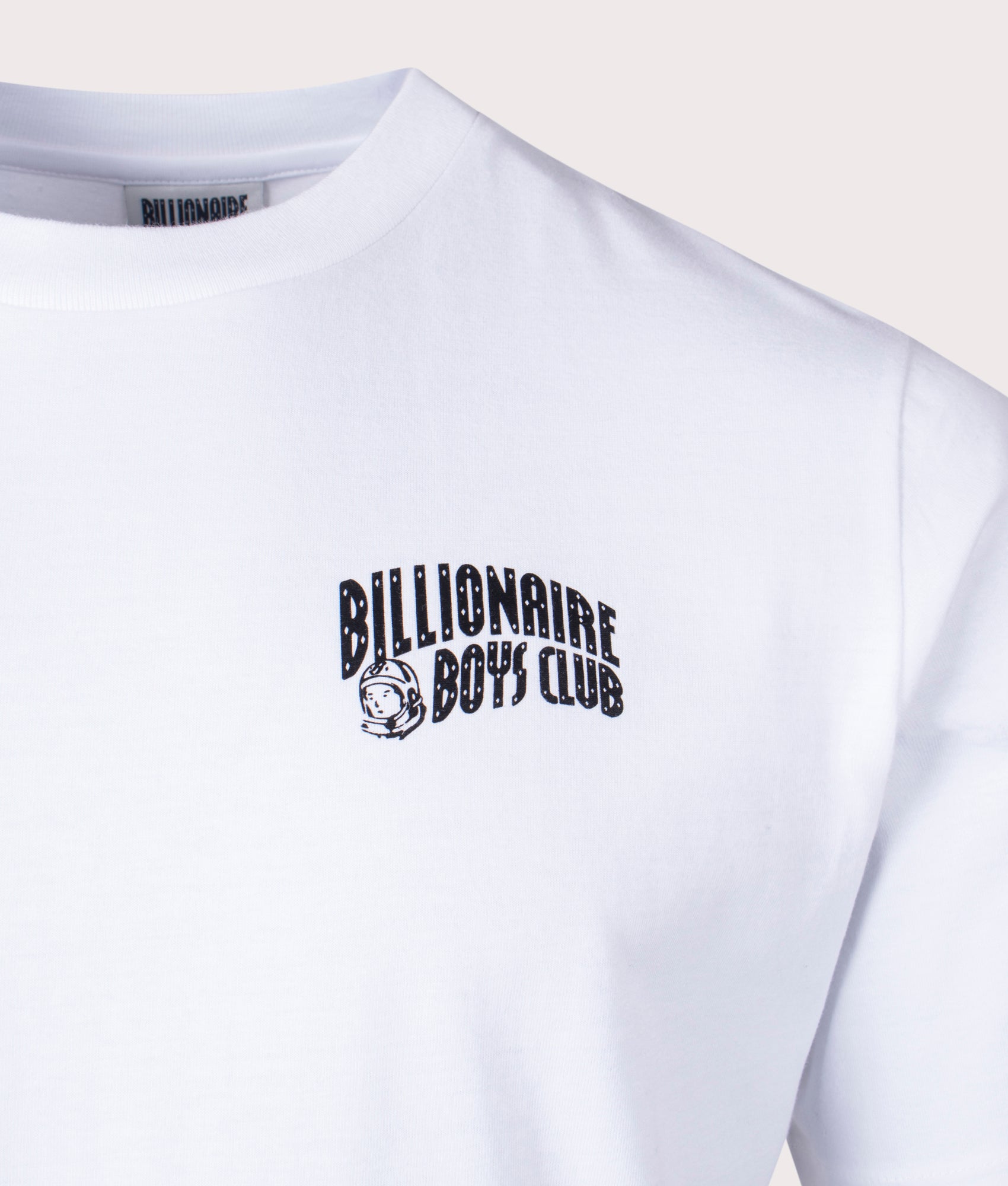 Billionaire Boys Club Small Arch Logo T-Shirt in White at EQVVS Menswear. Detail shot.