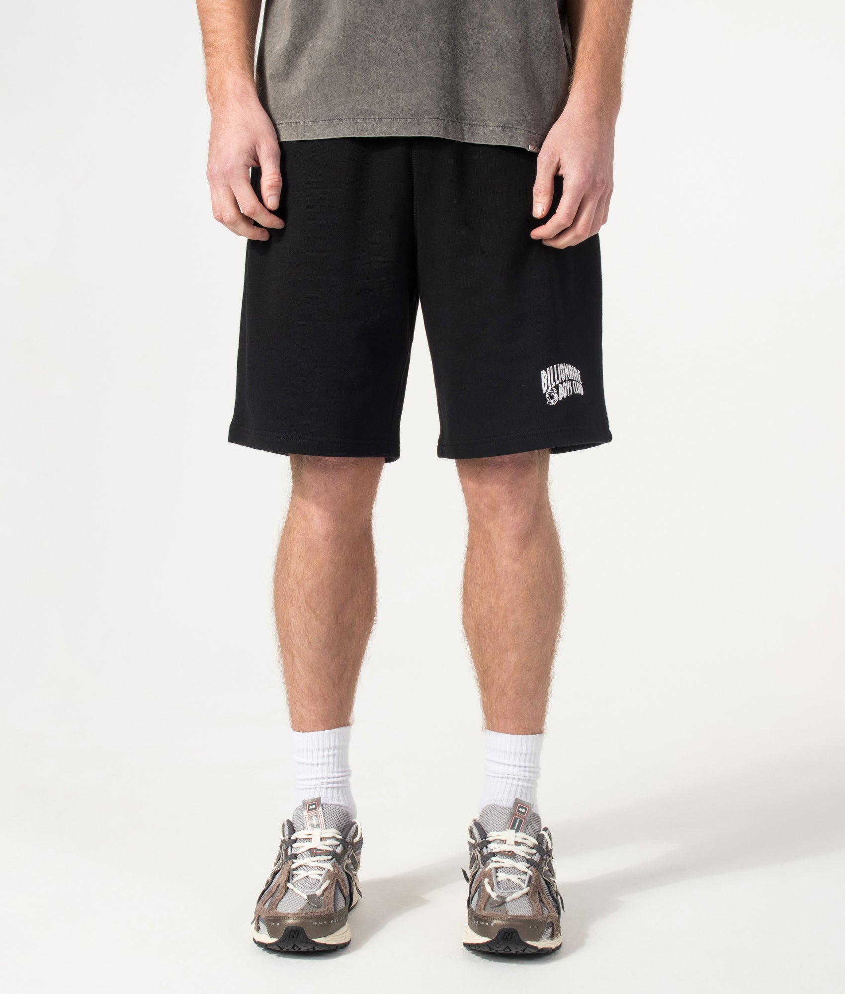 Billionaire Boy's Club Small Arch Logo Sweat Shorts in Black at EQVVS Menswear. Model front shot.