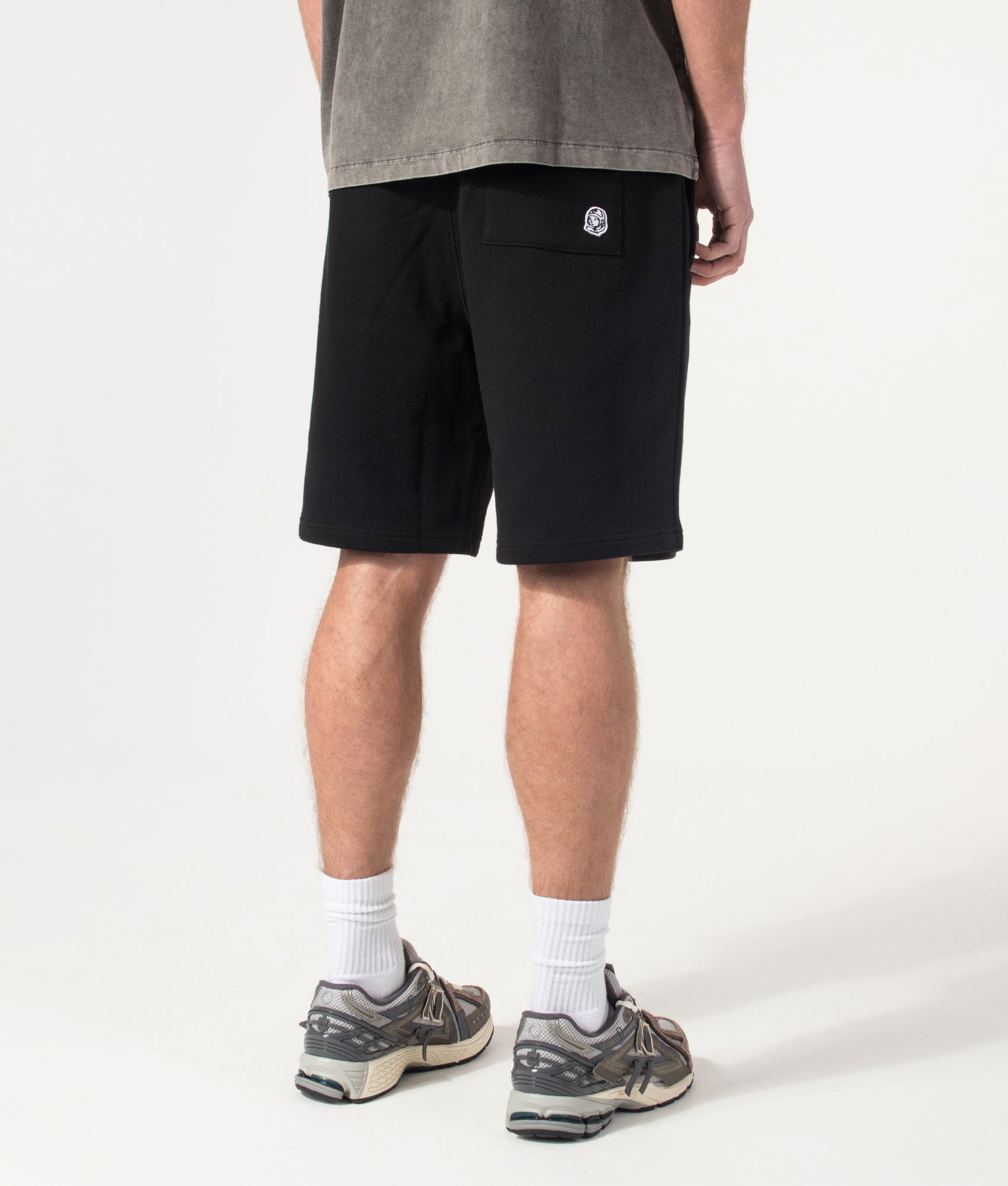 Billionaire Boy's Club Small Arch Logo Sweat Shorts in Black at EQVVS Menswear. Model back shot.