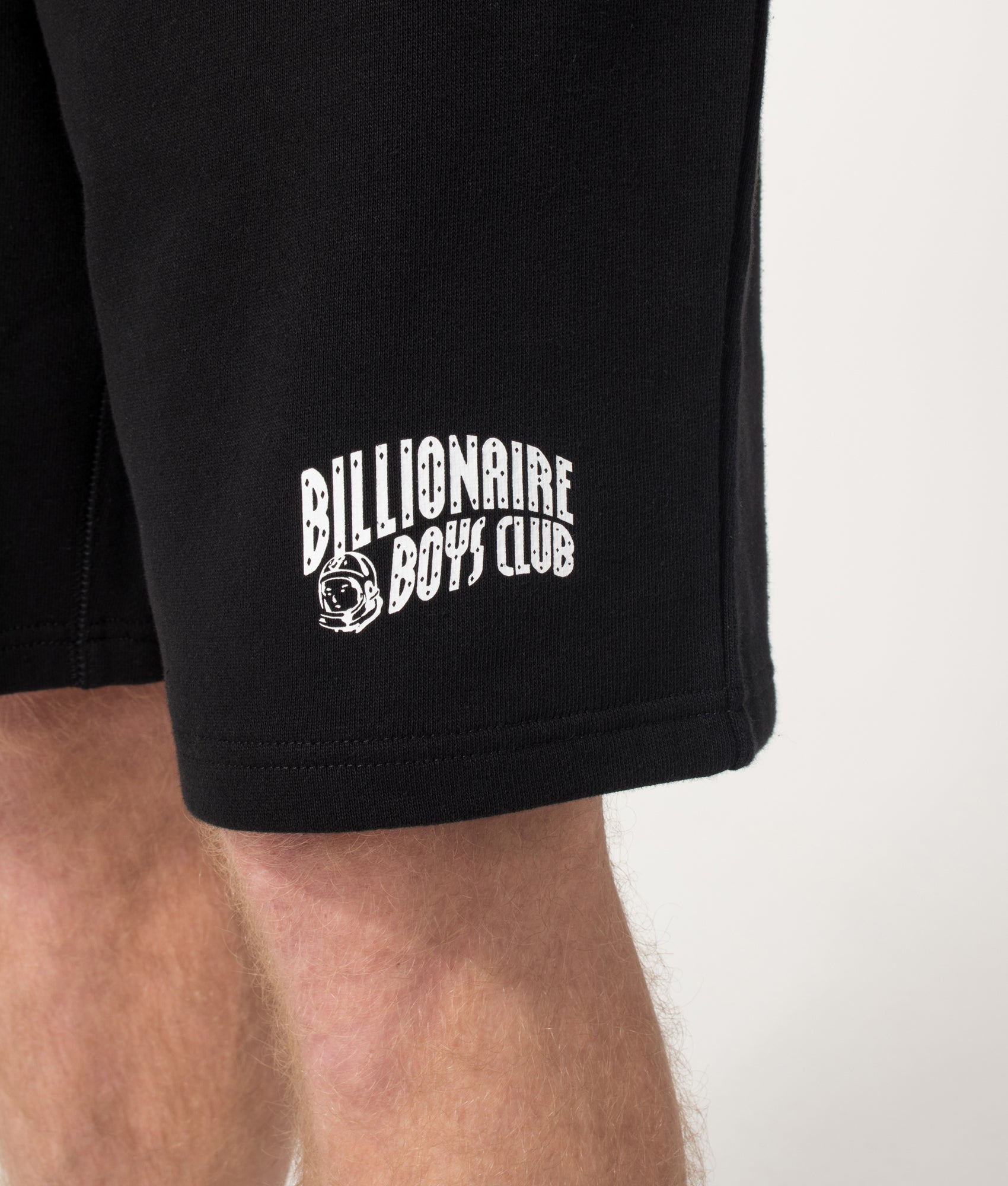 Billionaire Boy's Club Small Arch Logo Sweat Shorts in Black at EQVVS Menswear. Detail shot.
