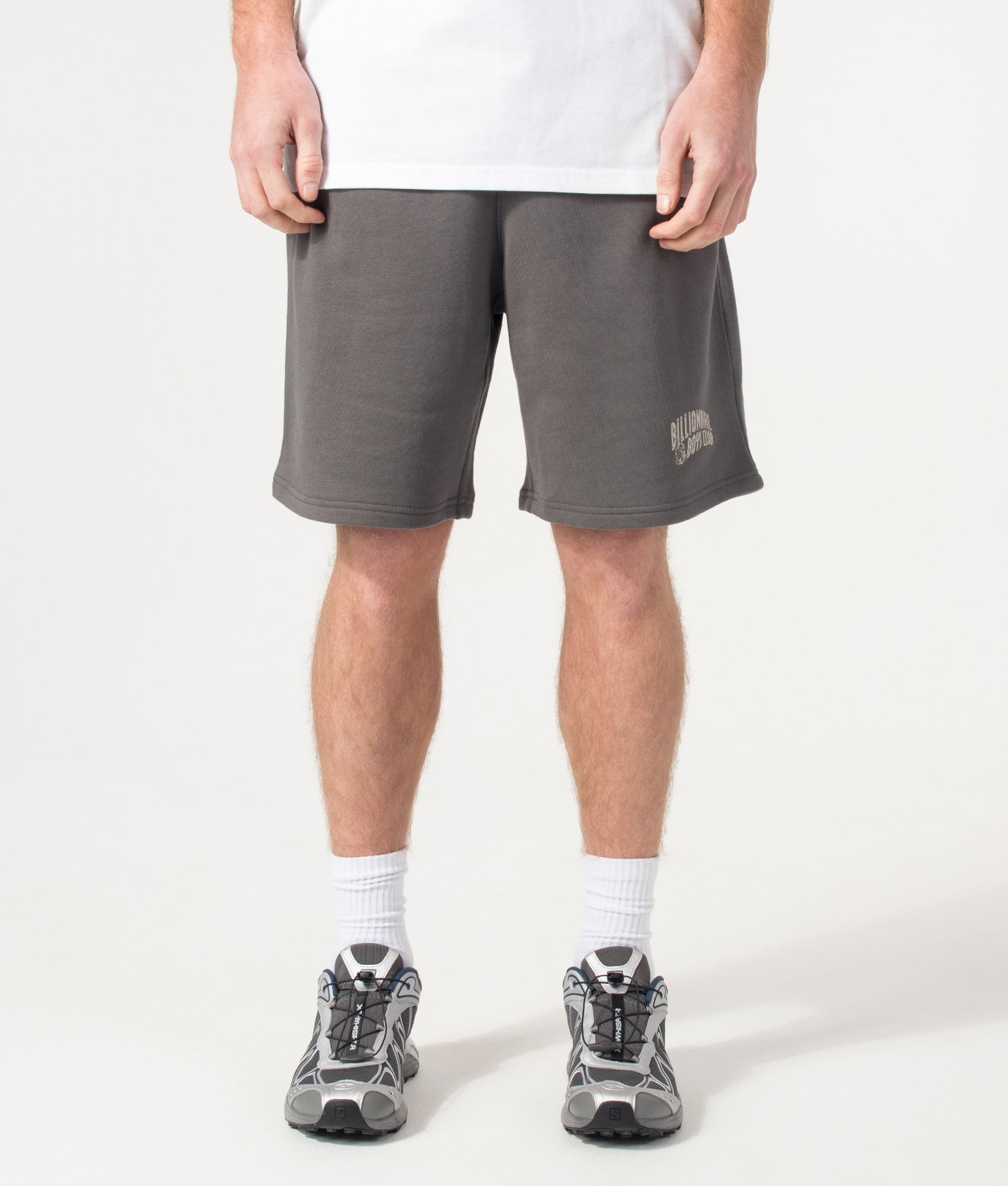 Billionaire Boy's Club Small Arch Logo Sweat Shorts in Space Grey at EQVVS Menswear. Model front shot.