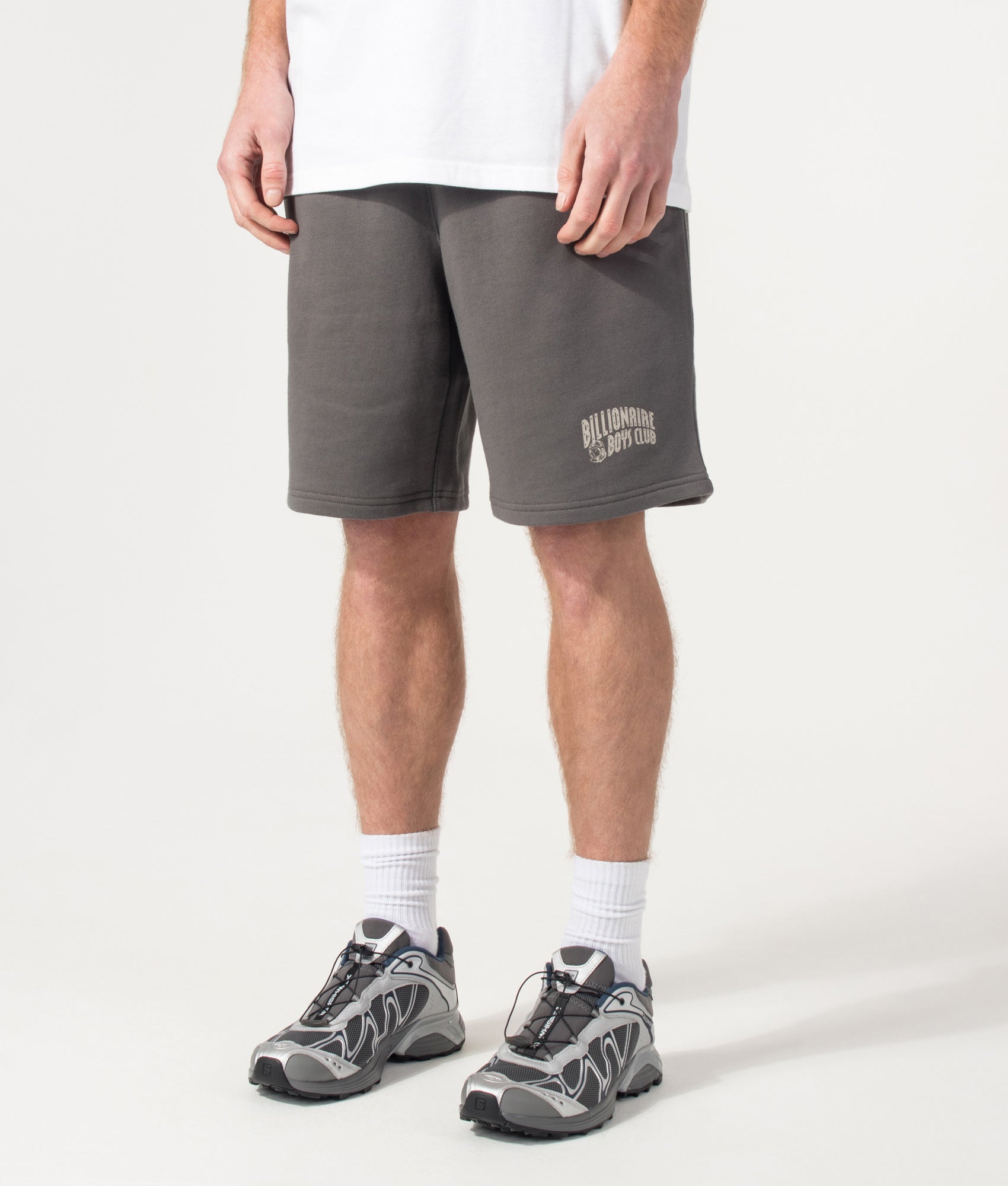 Billionaire Boy's Club Small Arch Logo Sweat Shorts in Space Grey at EQVVS Menswear. Model angled front shot.