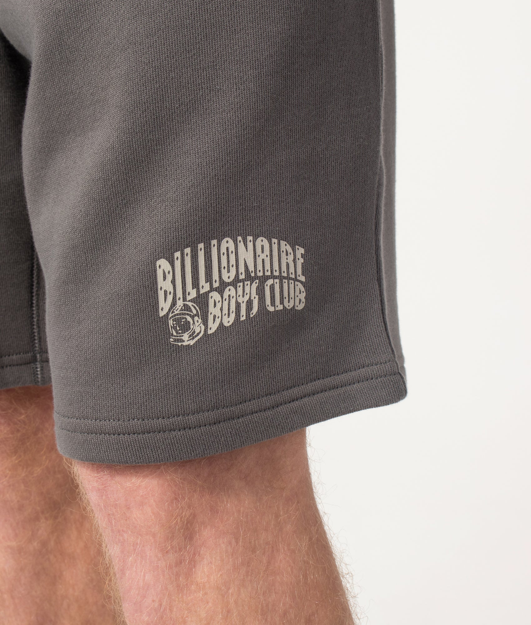Billionaire Boy's Club Small Arch Logo Sweat Shorts in Space Grey at EQVVS Menswear. Detail shot.
