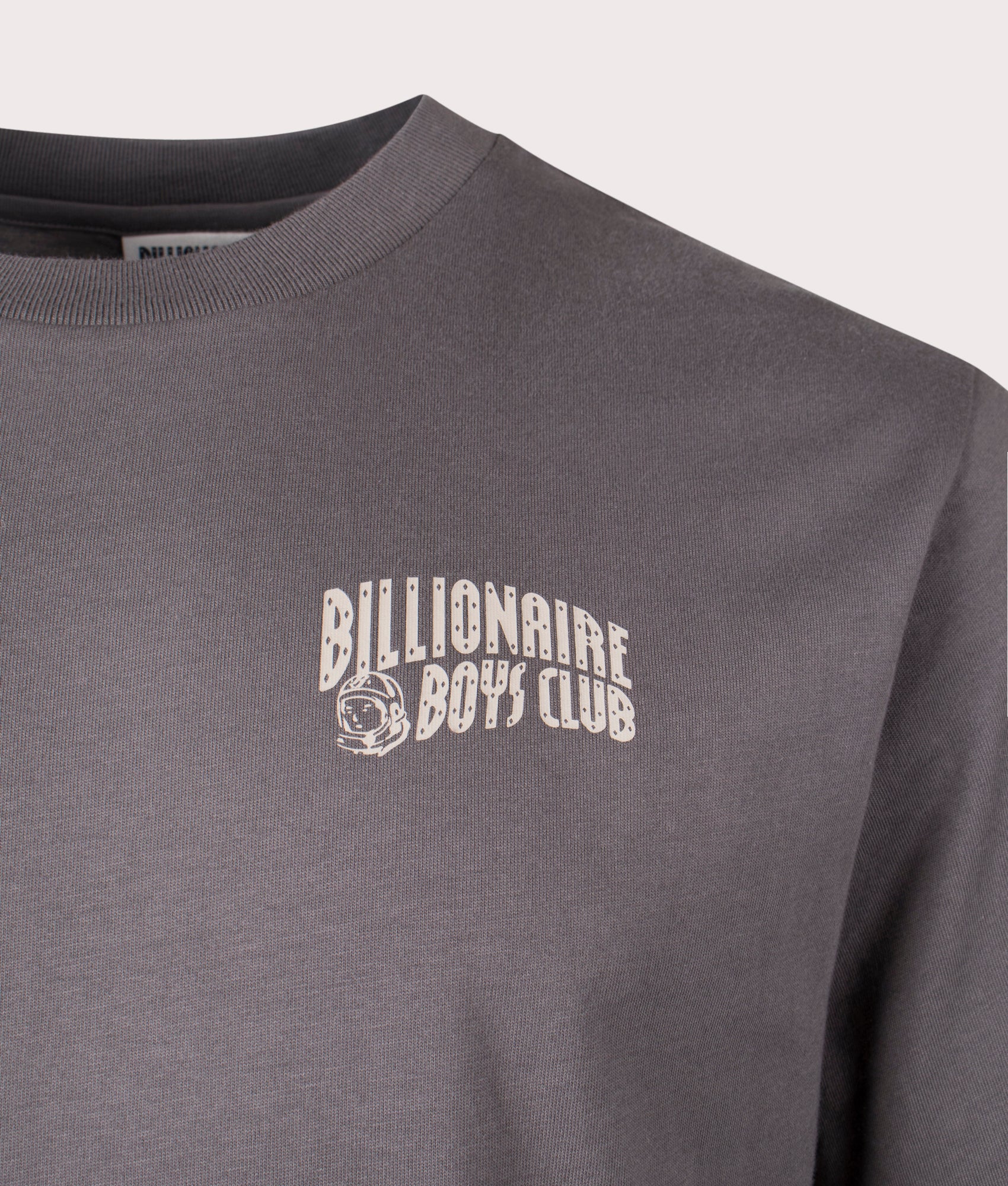 Billionaire Boys Club Small Arch Logo T-Shirt in Space Grey at EQVVS Menswear. Detail shot.