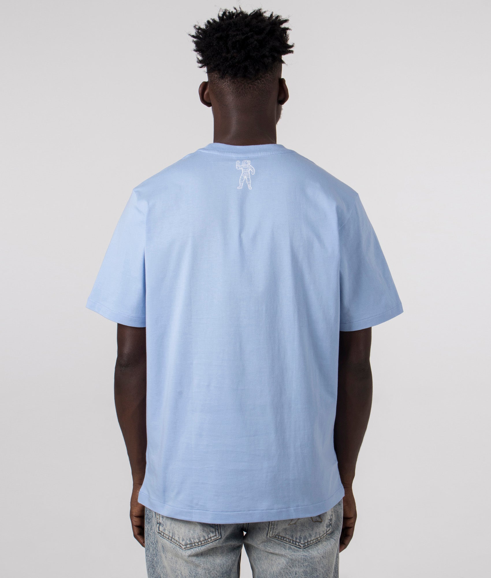 Billionaire Boy's Club Small Arch Logo T-Shirt in Blue. Back angle model shot at EQVVS