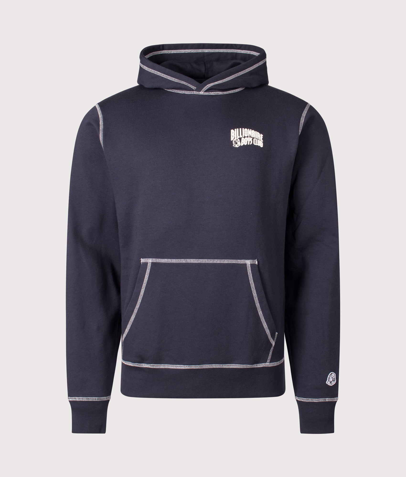 Billionaire Boy's Club Puff Small Arch Logo Contrast Stitch Hoodie in Navy. Shot at EQVVS.  Front shot. 