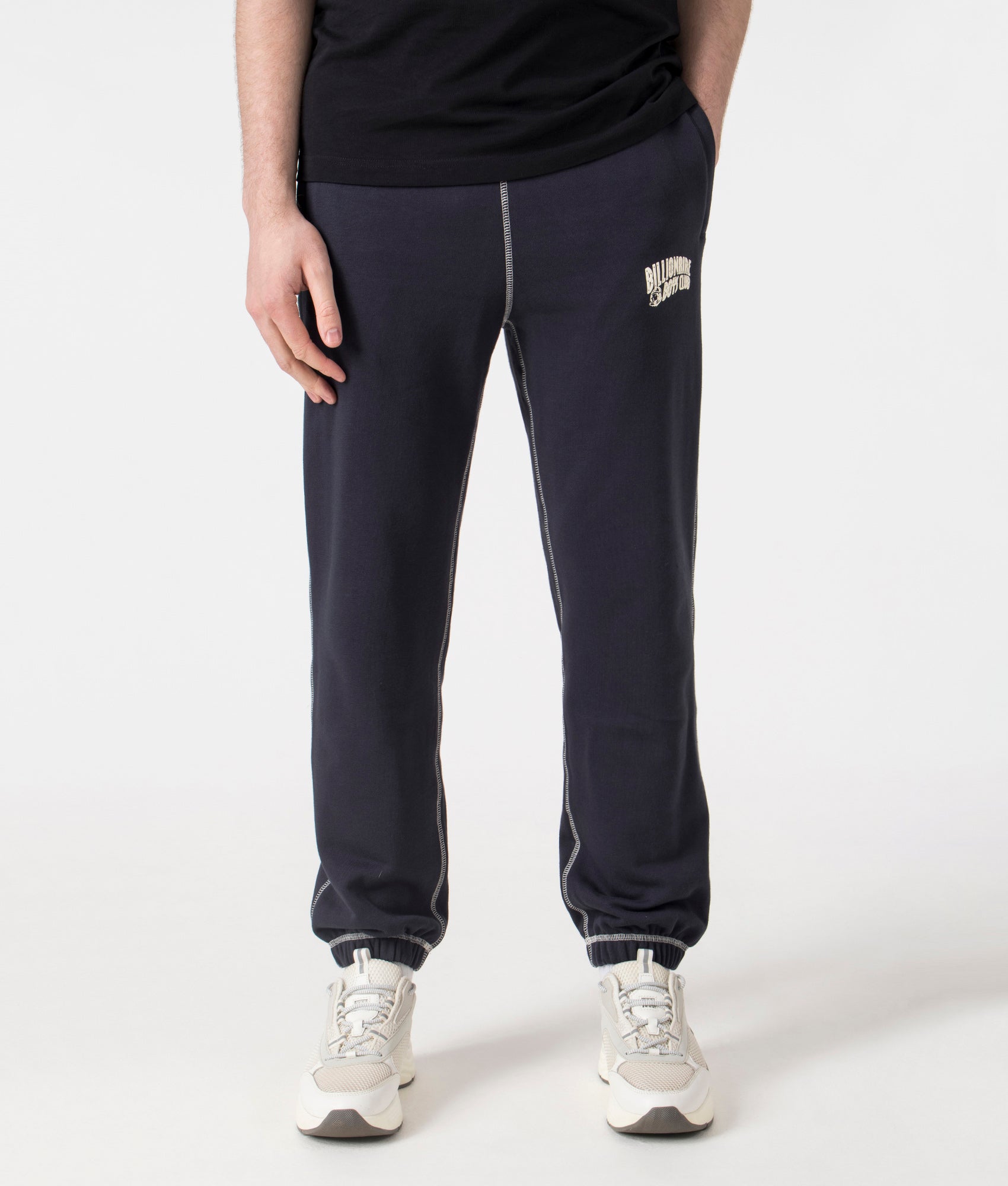 Billionaire Boy's Club Puff Small Arch Logo Contrast Joggers in Navy. Shot at EQVVS. Front shot 