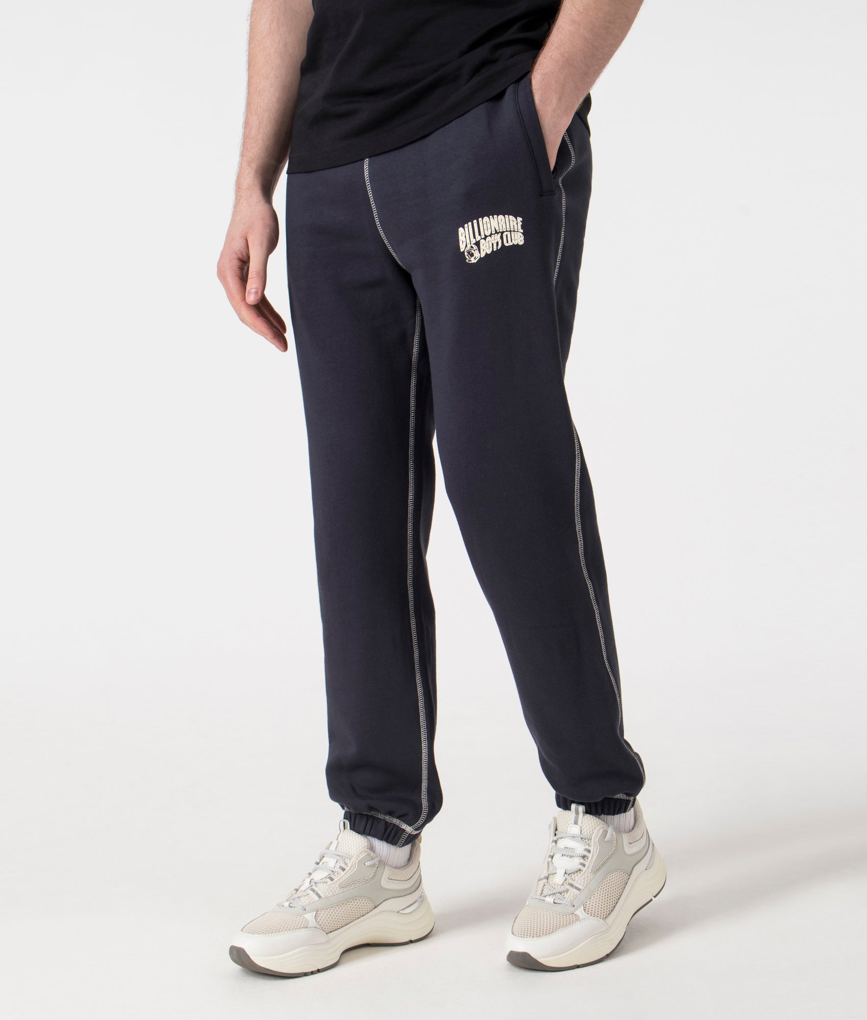Billionaire Boy's Club Puff Small Arch Logo Contrast Joggers in Navy. Shot at EQVVS. Front angle shot 