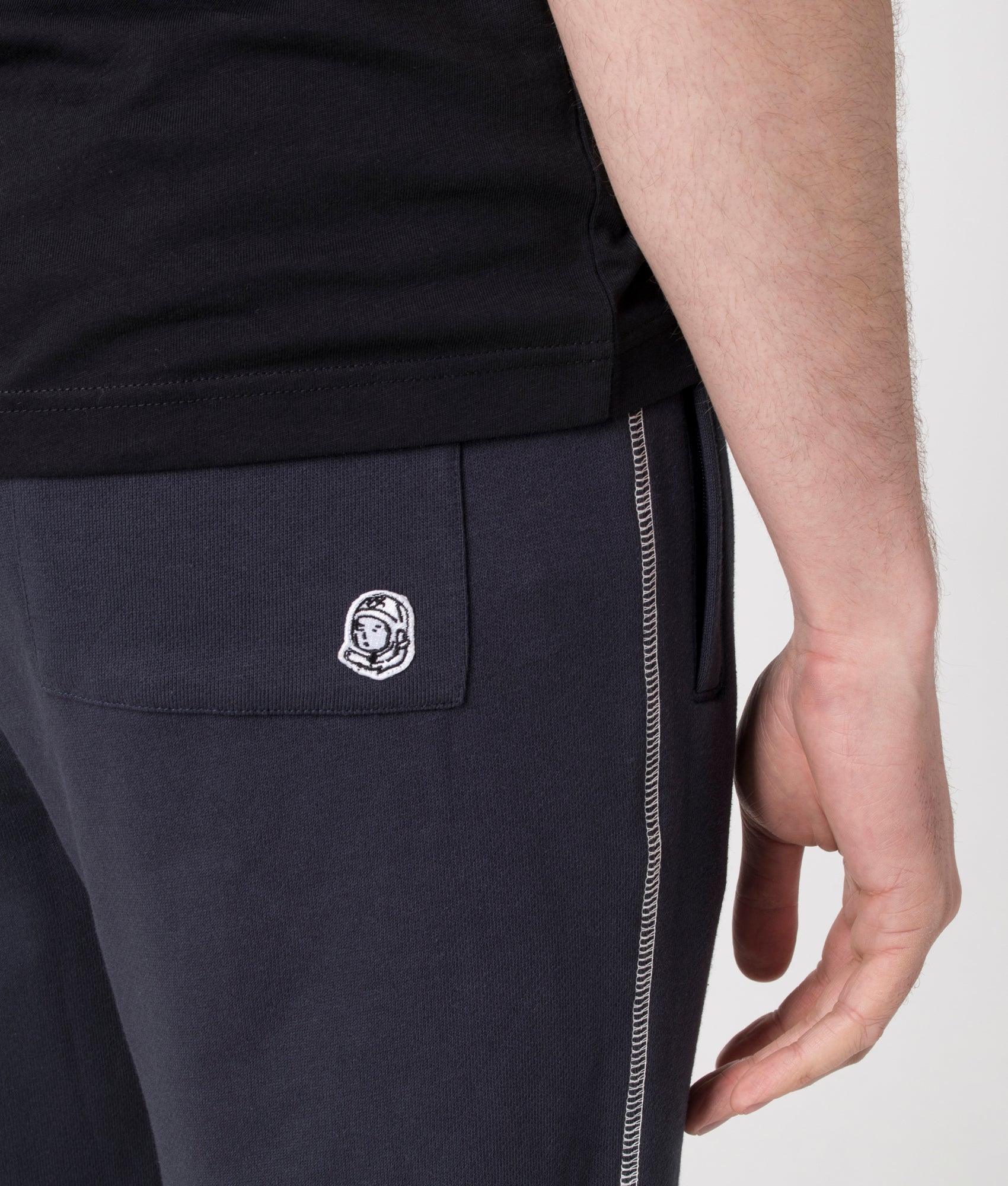 Billionaire Boy's Club Puff Small Arch Logo Contrast Joggers in Navy. Shot at EQVVS. Back logo shot 