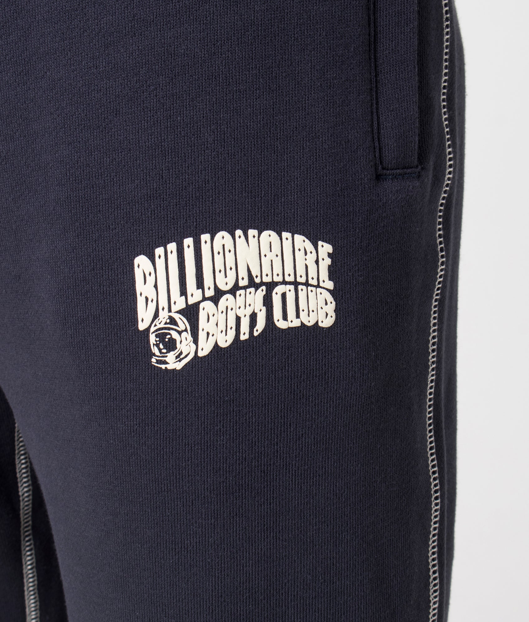Billionaire Boy's Club Puff Small Arch Logo Contrast Joggers in Navy. Shot at EQVVS. Front logo shot 